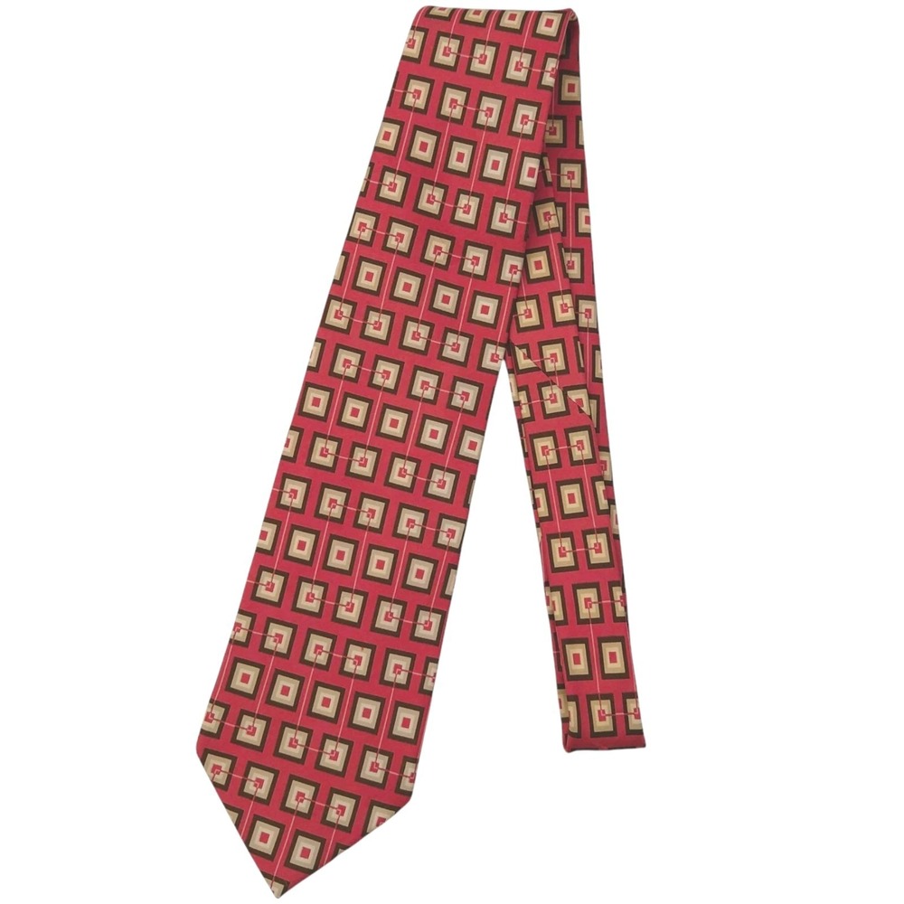 ERMENEGILDO ZEGNA Mens Smooth 100% Silk Necktie Made In ITALY Geometric Pink Tie